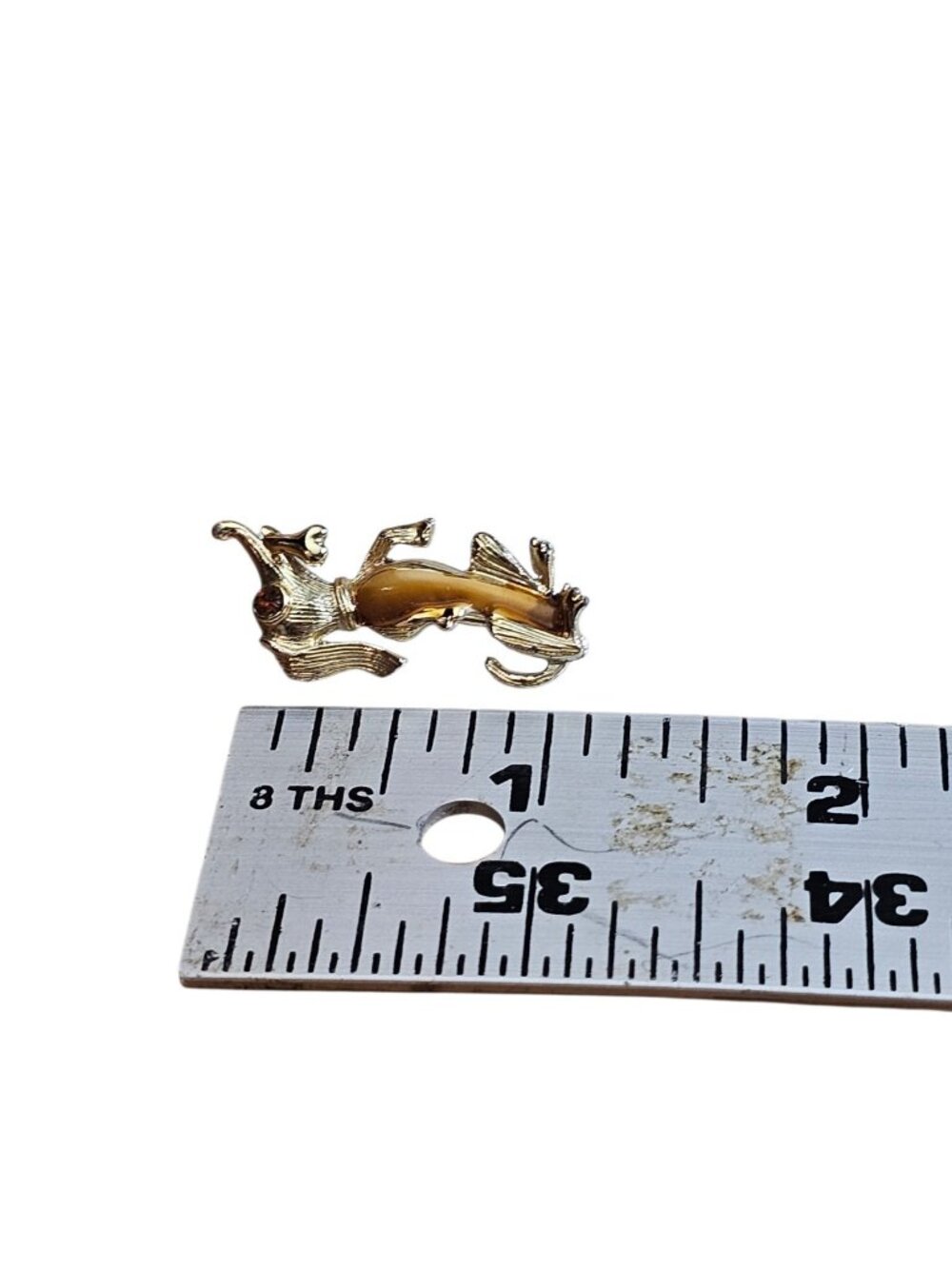 Vintage Gold Tone Dog Brooch Pair Amber Lucite Eye Rhinestone Mid Century - Picture 4 of 4